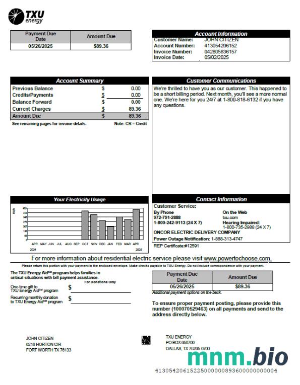 Szablon rachunku za media energetyczne USA TXU w formatach Word i PDF, Wersja 6